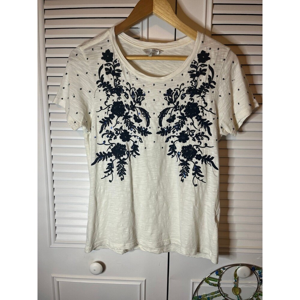 Lucky Brand Women's White T-shirt with Black Floral Print